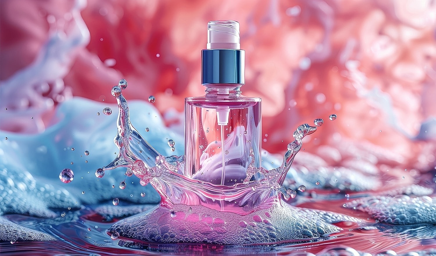 Perfume bottle splashing in vibrant water.