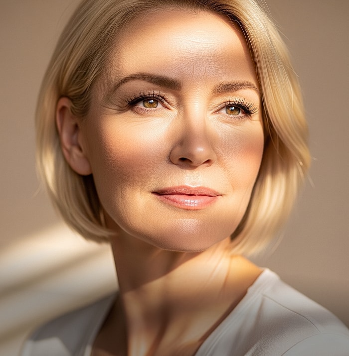Woman with blond hair in soft natural light.