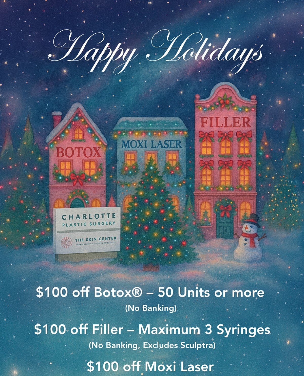 Holiday promotional image for plastic surgery discounts.