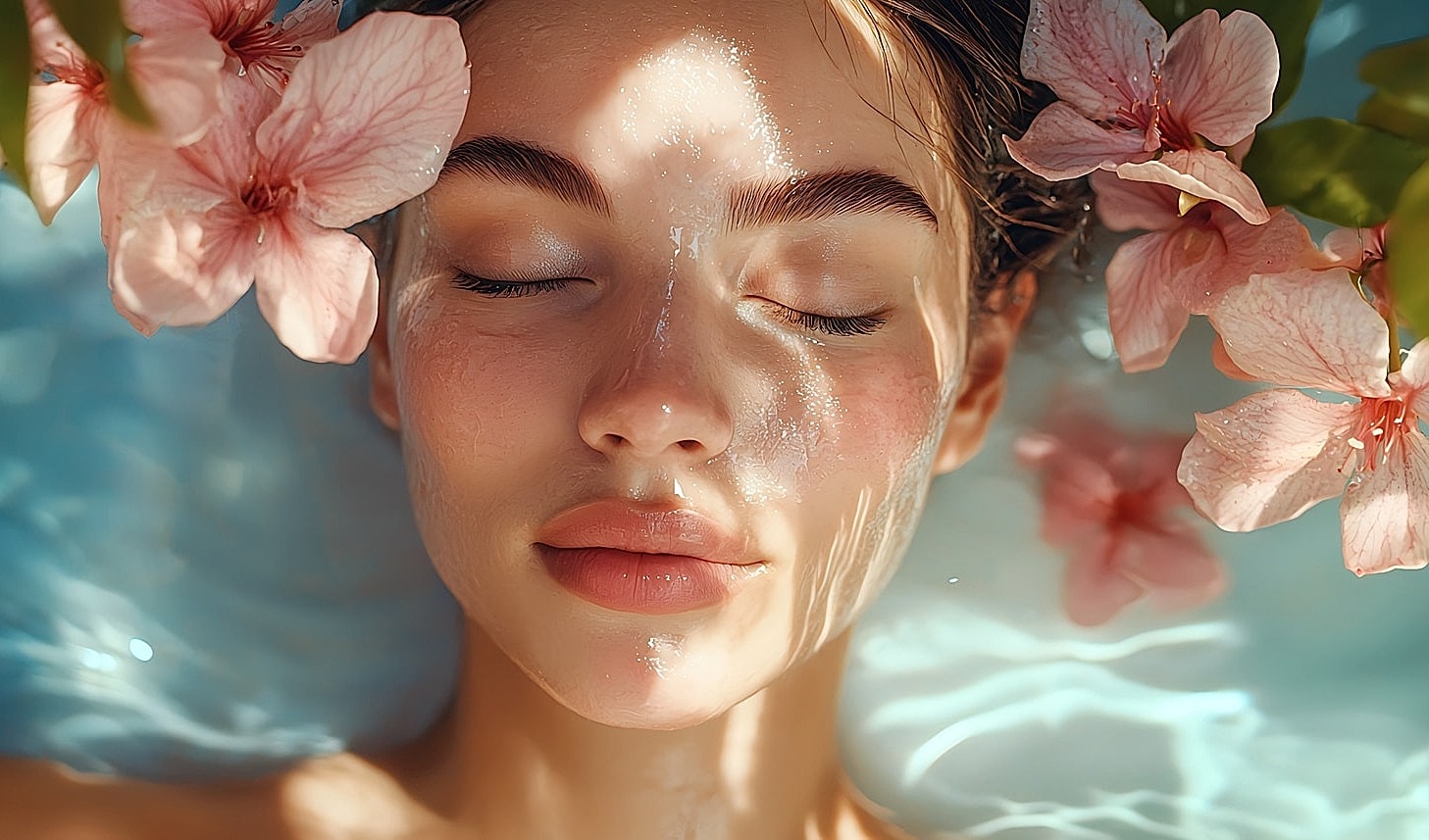 Woman relaxing in water with flowers.