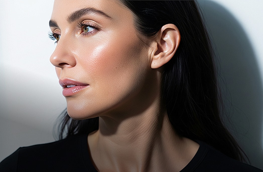 Elegant woman showcasing skincare rejuvenation效果.