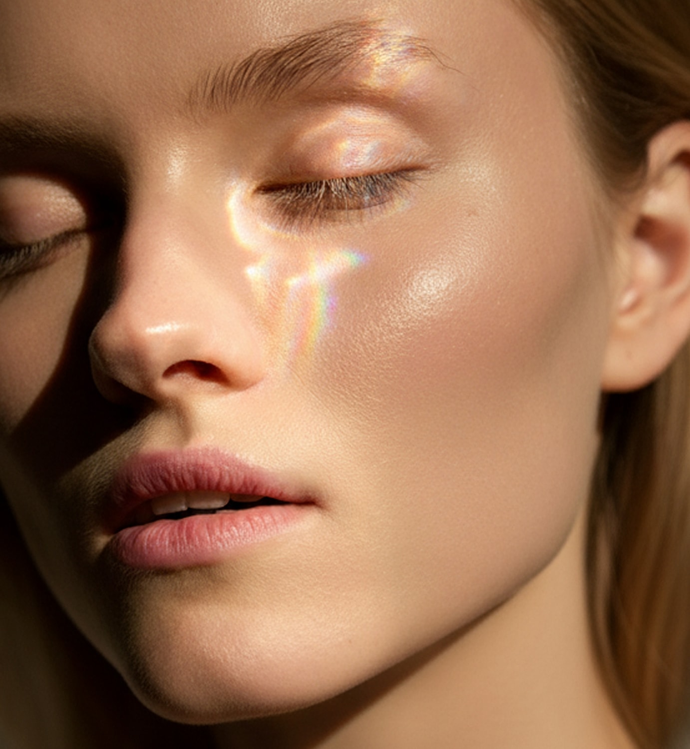 Close-up of a face with rainbow light reflection.