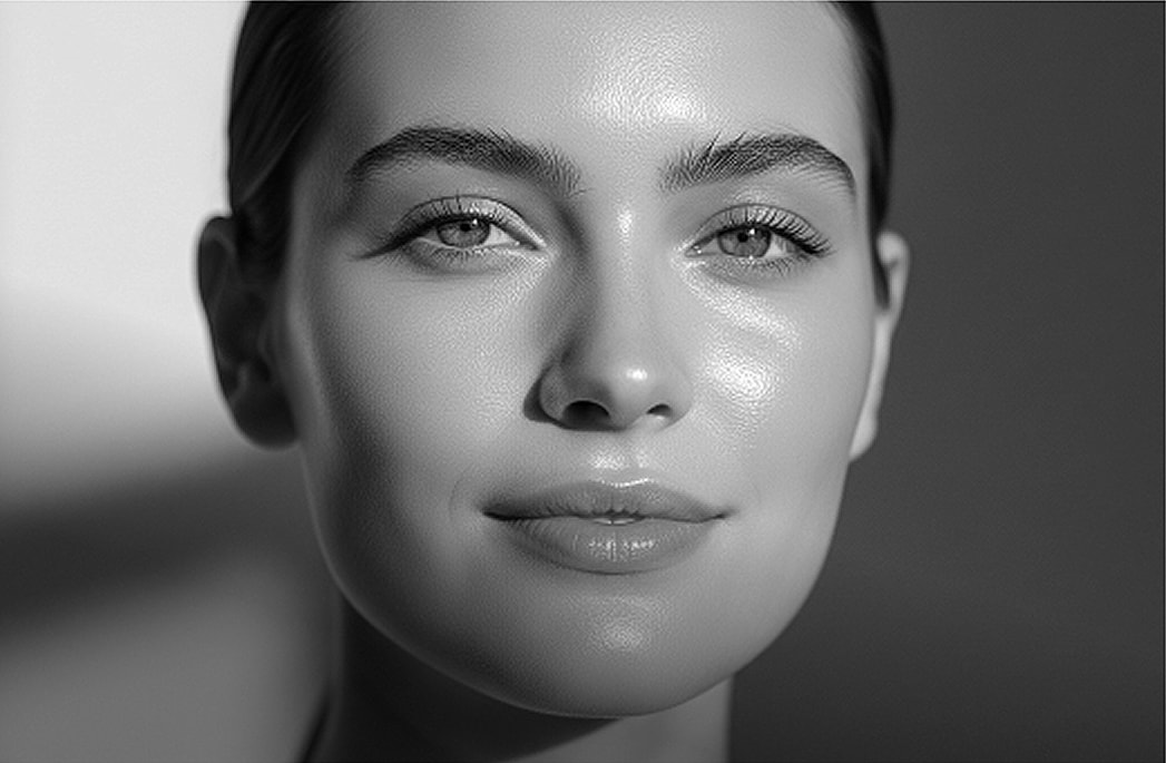 Woman with glowing skin promoting skincare products.