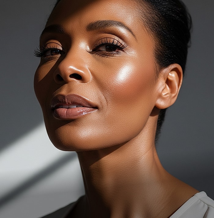 Woman with glowing skin and elegant makeup.