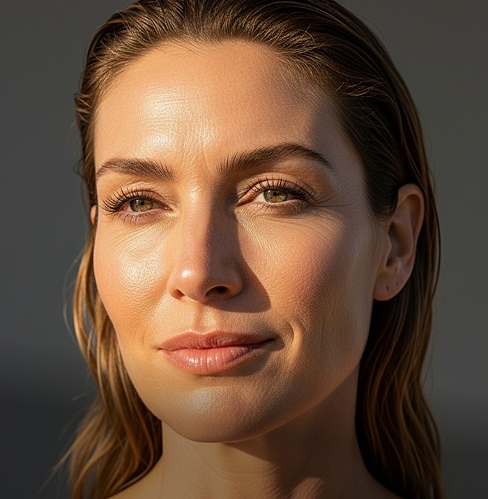 Close-up of a woman with glowing skin.