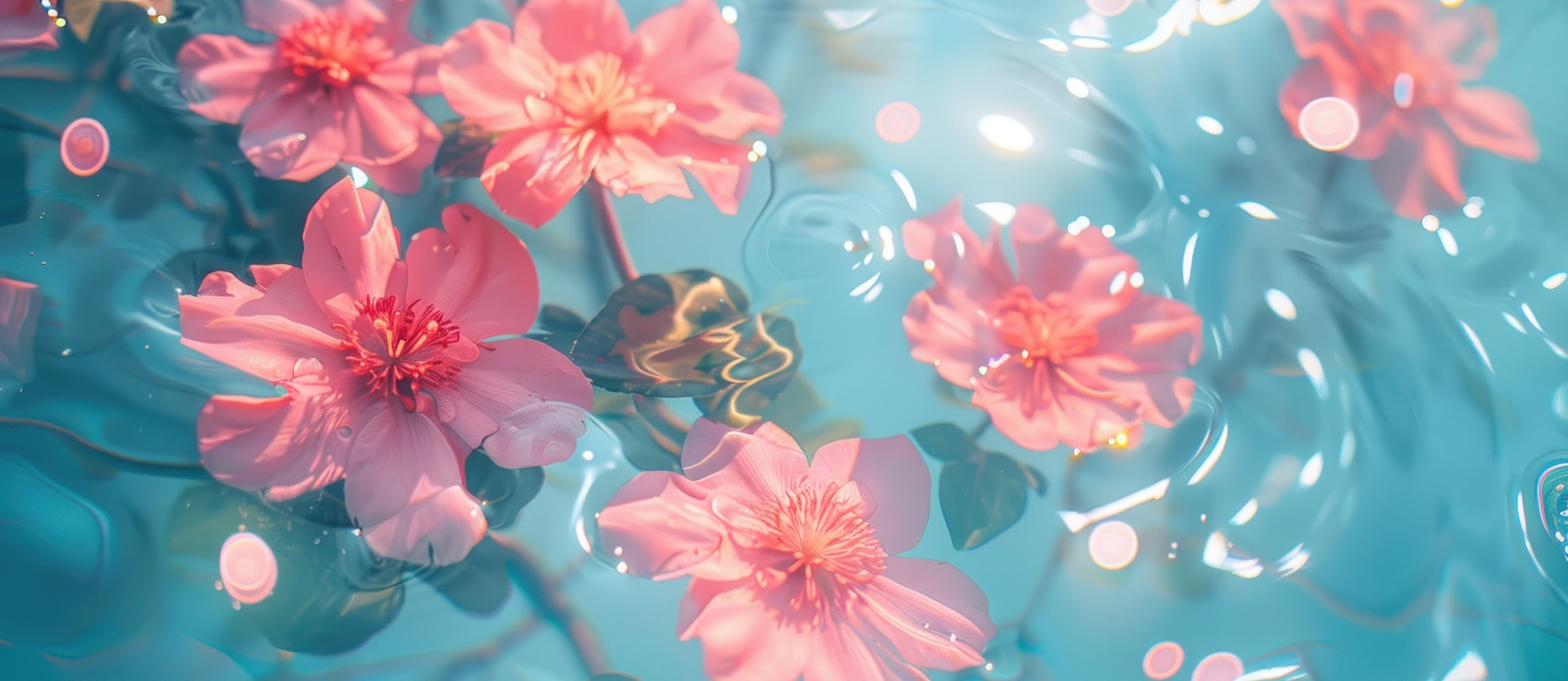 Pink flowers floating on shimmering water surface.