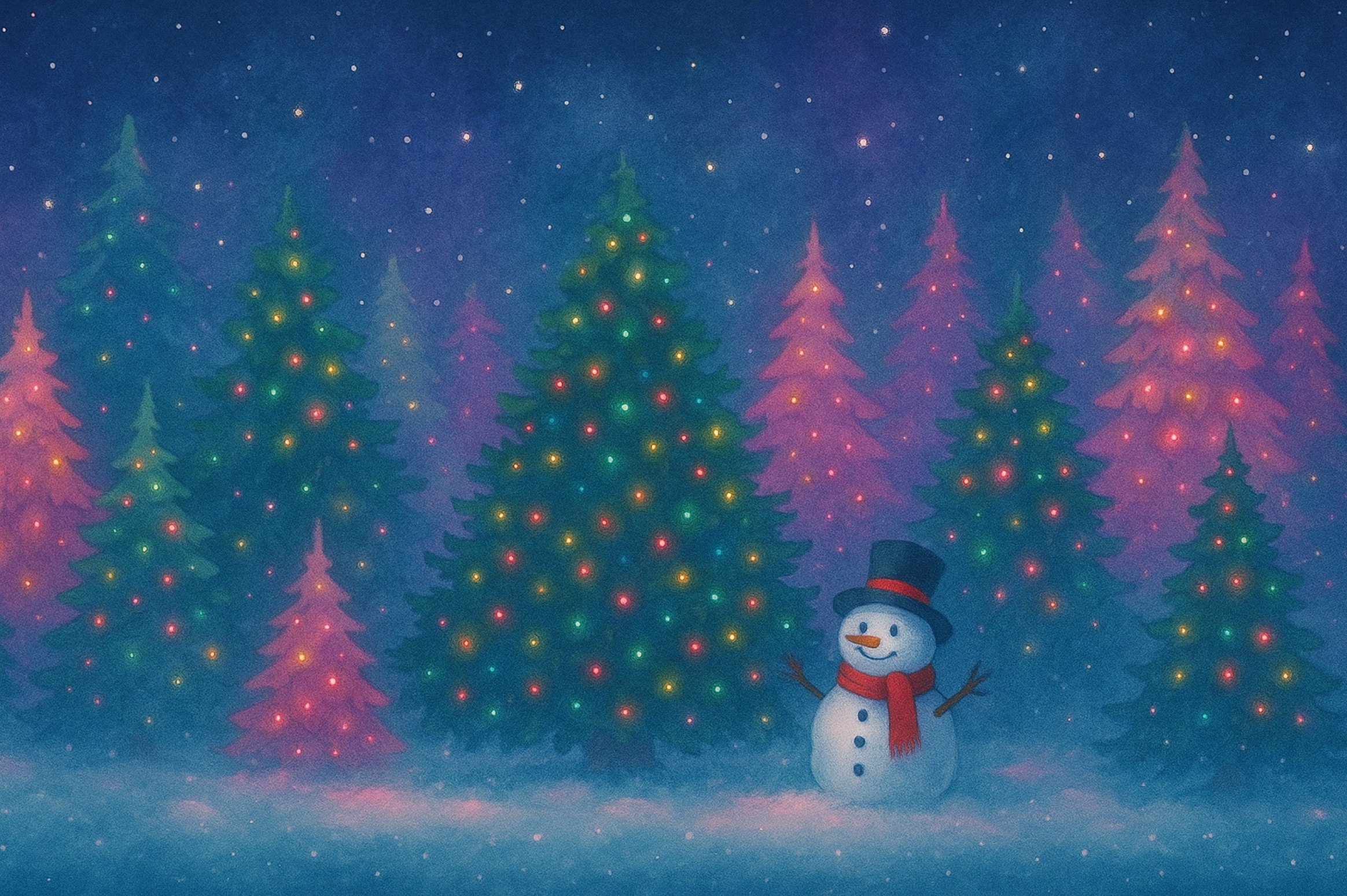 Snowman and trees on a festive holiday card.